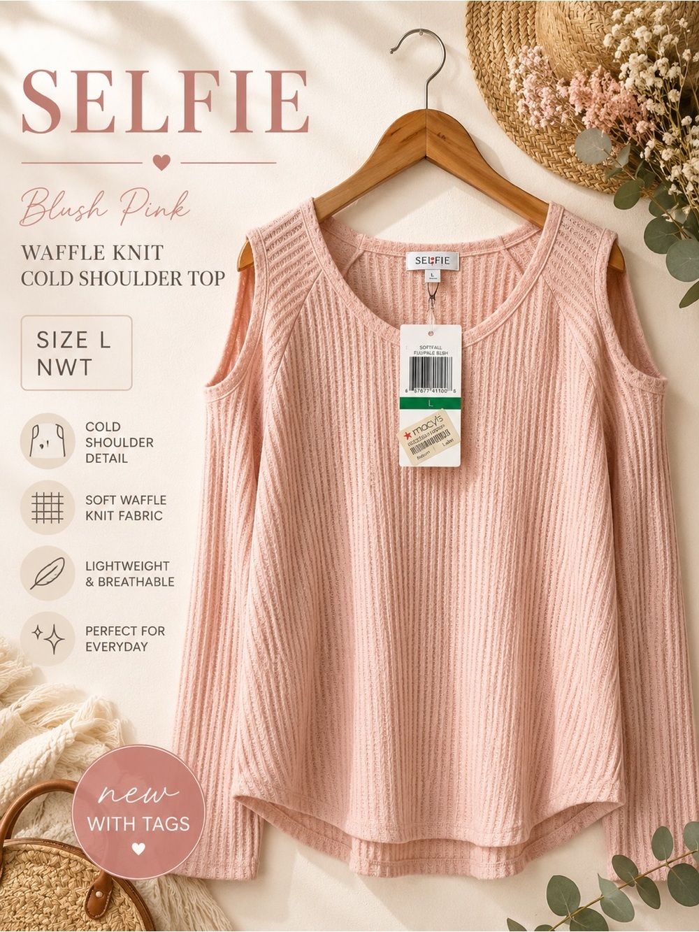 SELFIE Blush Pink Waffle Knit Cold Shoulder Top Size L NWT